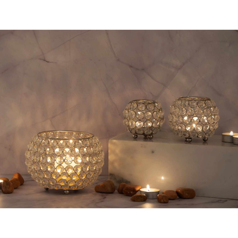 Photophore moderne chic Rond en Cristaux de verre Métal Argenté Dylira (Lot de 3) - 3