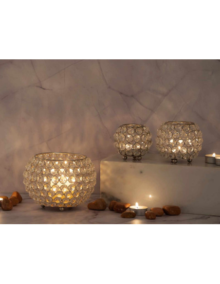 Photophore moderne chic Rond en Cristaux de verre Métal Argenté Dylira (Lot de 3) - 3