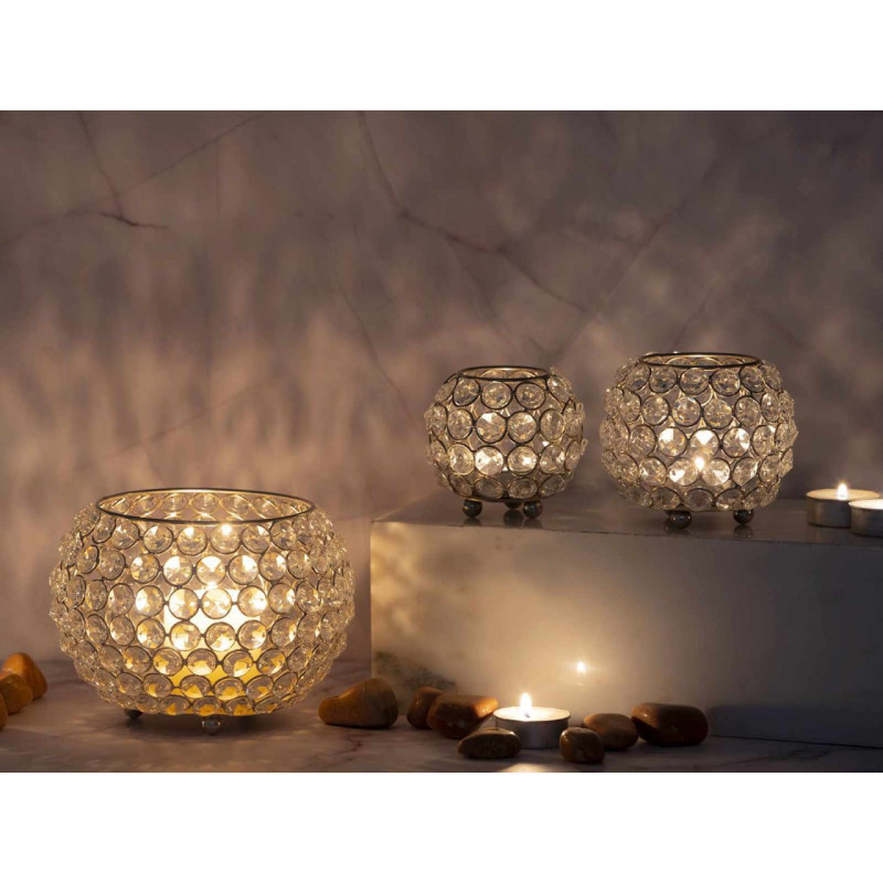 Photophore moderne chic Rond en Cristaux de verre Métal Argenté Dylira (Lot de 3) - 7