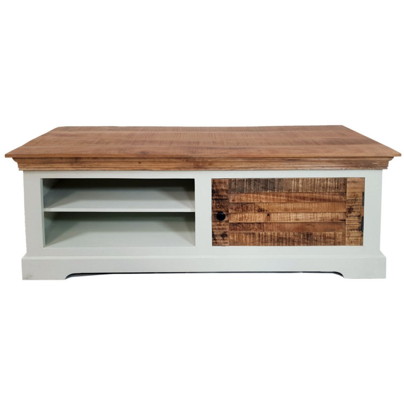Meuble télé Campagne chic 1 porte 2 niches en Bois de manguier recyclé Marron Blanc crème Halvia - 1