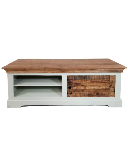 Meuble télé Campagne chic 1 porte 2 niches en Bois de manguier recyclé Marron Blanc crème Halvia - 1