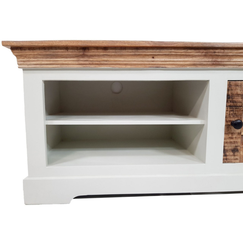 Meuble télé Campagne chic 1 porte 2 niches en Bois de manguier recyclé Marron Blanc crème Halvia - 2