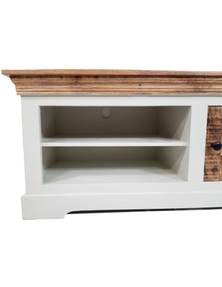 Meuble télé Campagne chic 1 porte 2 niches en Bois de manguier recyclé Marron Blanc crème Halvia - 2