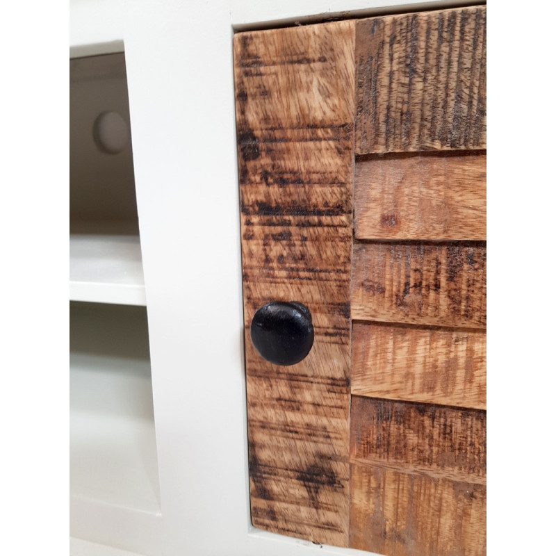 Meuble télé Campagne chic 1 porte 2 niches en Bois de manguier recyclé Marron Blanc crème Halvia - 4