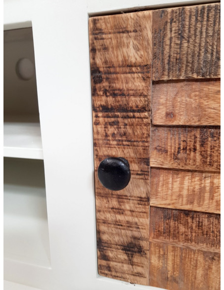 Meuble télé Campagne chic 1 porte 2 niches en Bois de manguier recyclé Marron Blanc crème Halvia - 4
