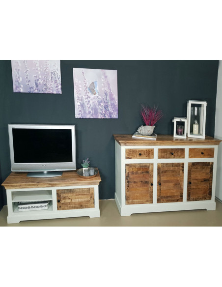 Meuble télé Campagne chic 1 porte 2 niches en Bois de manguier recyclé Marron Blanc crème Halvia - 8