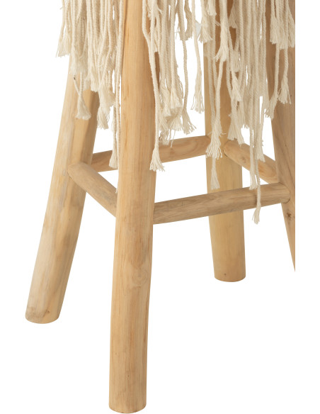 Tabouret de bar Rond en Bois de teck Naturel Macramé Blanc Avec franges Gianni - 2