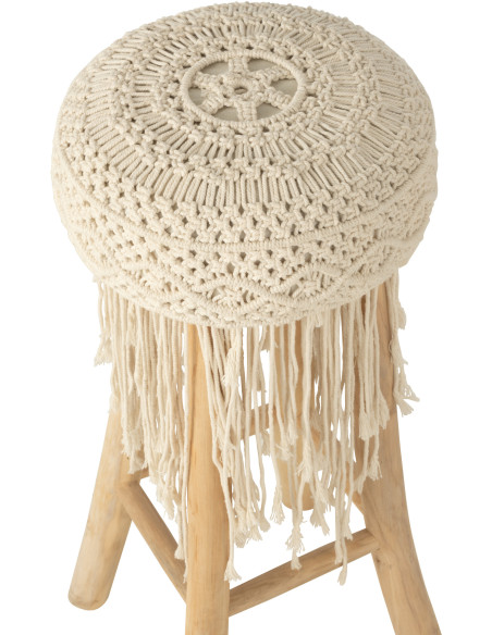 Tabouret de bar Rond en Bois de teck Naturel Macramé Blanc Avec franges Gianni - 3