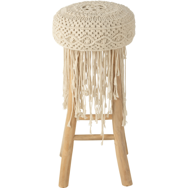 Tabouret de bar Rond en Bois de teck Naturel Macramé Blanc Avec franges Gianni - 4