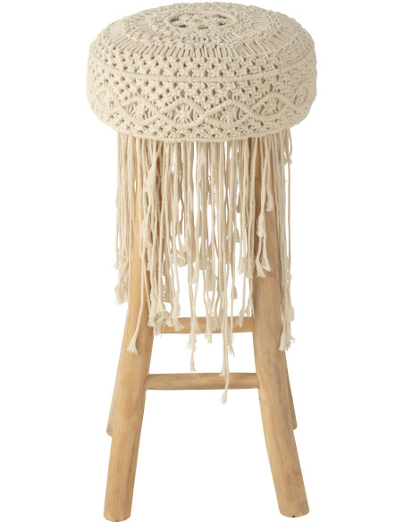 Tabouret de bar Rond en Bois de teck Naturel Macramé Blanc Avec franges Gianni - 4