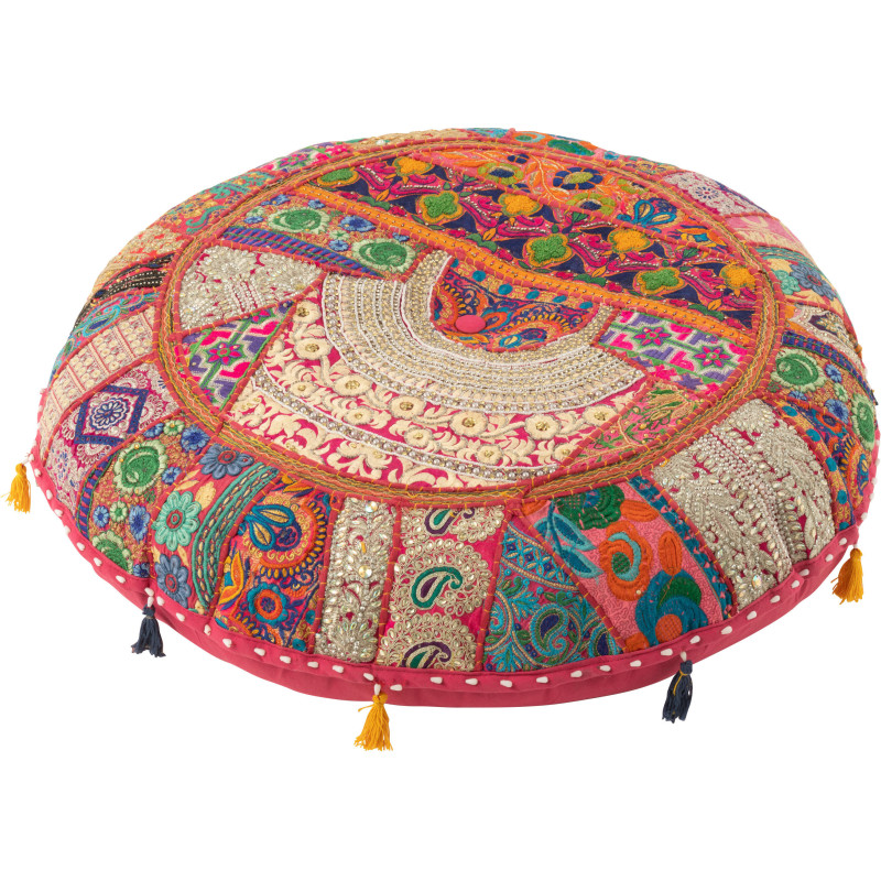 Coussin de sol Rond en Coton Rose Motif patchwork Avec pompons Manuel - 1
