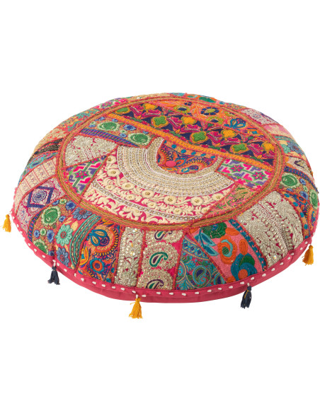Coussin de sol Rond en Coton Rose Motif patchwork Avec pompons Manuel - 1