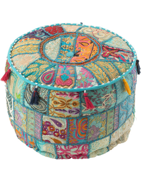 Pouf Rond en Coton Bleu Motif patchwork Avec pompons Manuel - 1