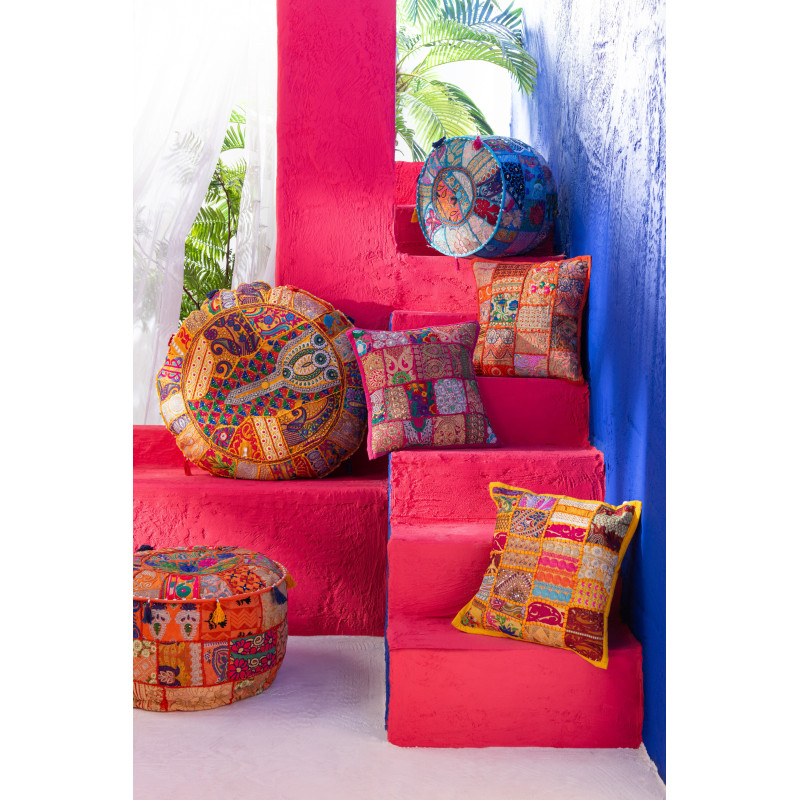 Pouf Rond en Coton Bleu Motif patchwork Avec pompons Manuel - 2