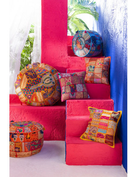Pouf Rond en Coton Bleu Motif patchwork Avec pompons Manuel - 2