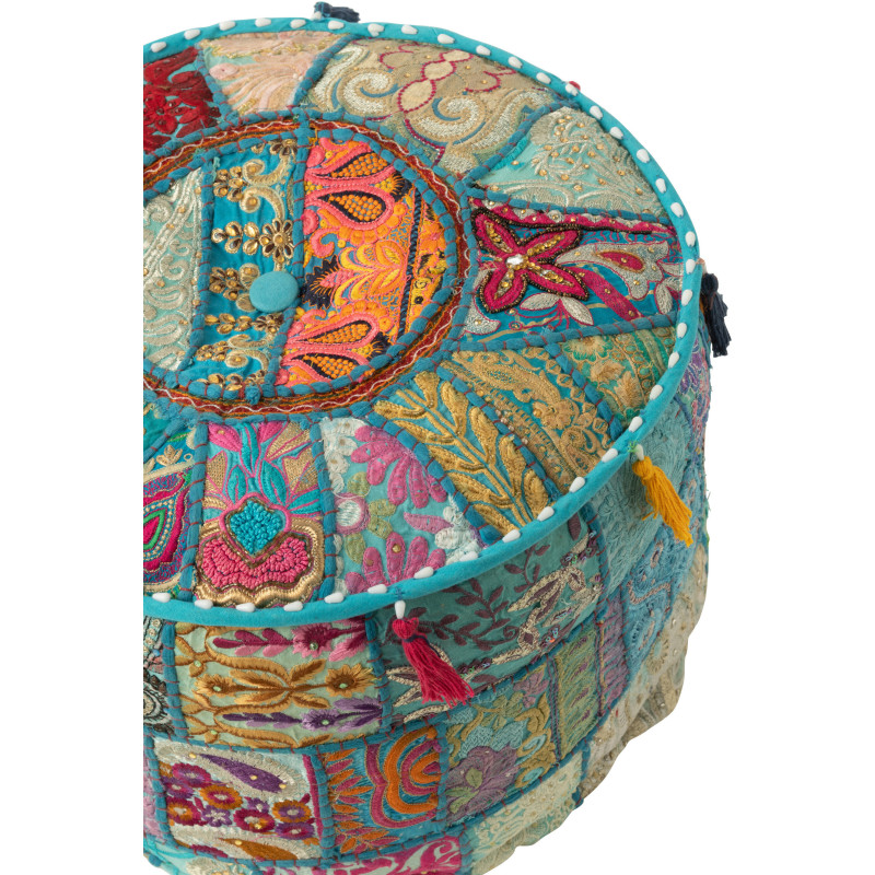 Pouf Rond en Coton Bleu Motif patchwork Avec pompons Manuel - 3