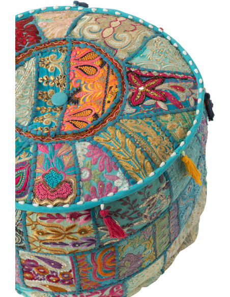 Pouf Rond en Coton Bleu Motif patchwork Avec pompons Manuel - 3