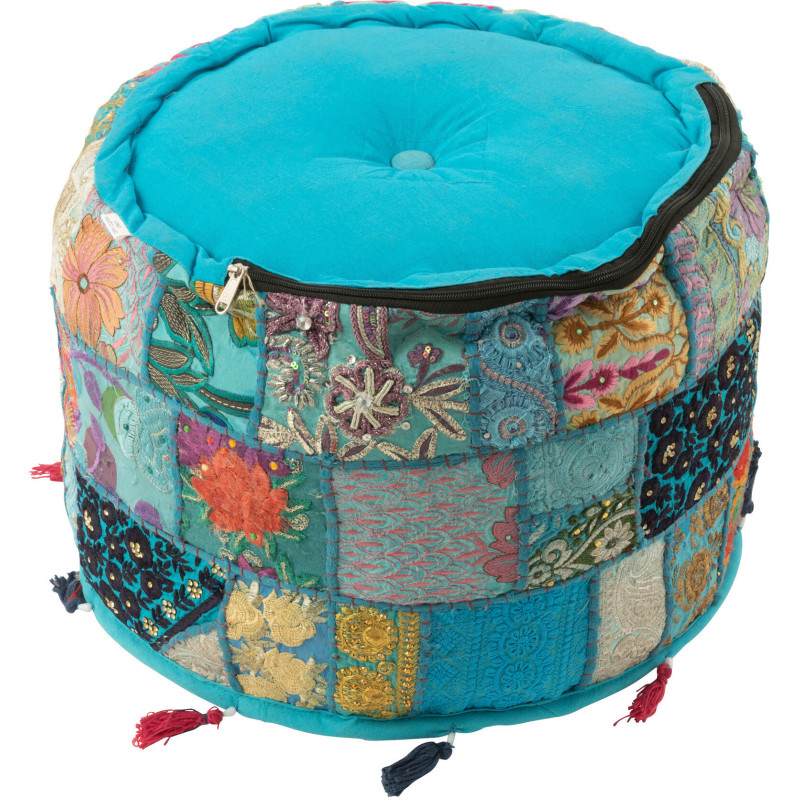 Pouf Rond en Coton Bleu Motif patchwork Avec pompons Manuel - 4