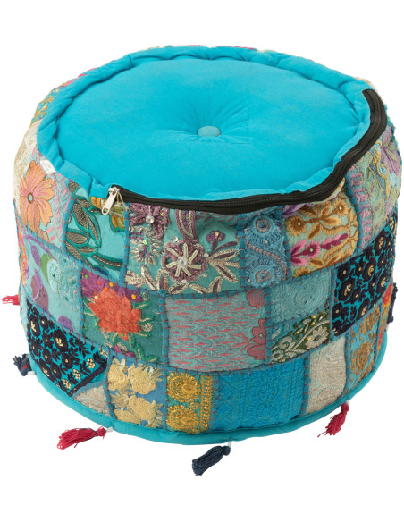 Pouf Rond en Coton Bleu Motif patchwork Avec pompons Manuel - 4