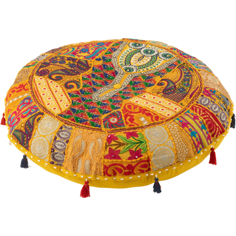 Coussin de sol Rond en Coton Jaune Motif patchwork Avec pompons Manuel - 1