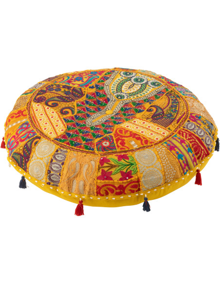 Coussin de sol Rond en Coton Jaune Motif patchwork Avec pompons Manuel - 1