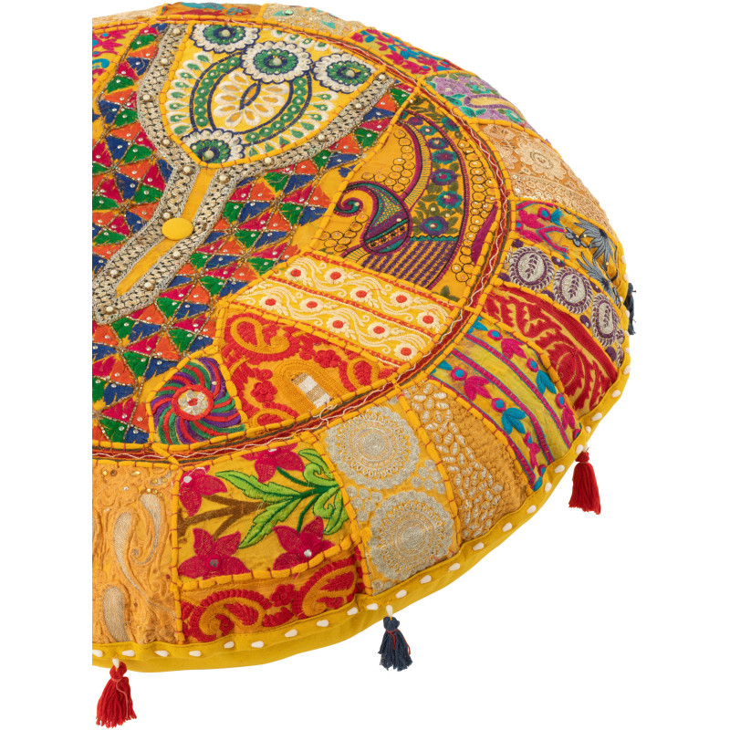 Coussin de sol Rond en Coton Jaune Motif patchwork Avec pompons Manuel - 2