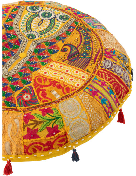 Coussin de sol Rond en Coton Jaune Motif patchwork Avec pompons Manuel - 2