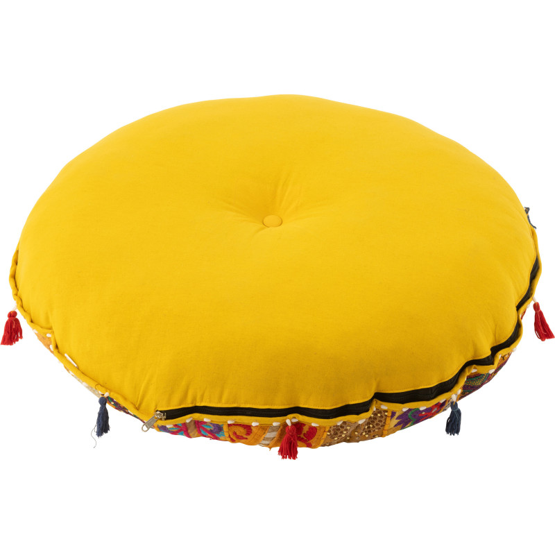Coussin de sol Rond en Coton Jaune Motif patchwork Avec pompons Manuel - 3
