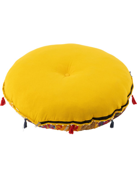 Coussin de sol Rond en Coton Jaune Motif patchwork Avec pompons Manuel - 3