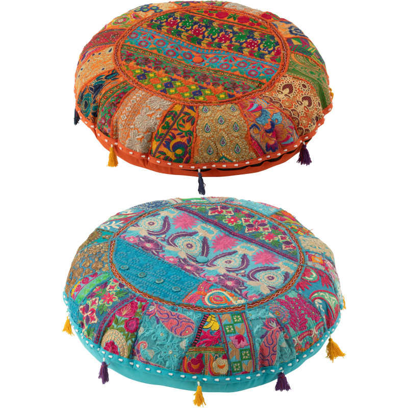 Coussin de sol Rond en Coton Orange Bleu Motif patchwork Avec pompons Manuel Lot de 2 - 1