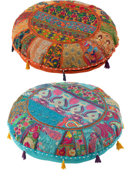Coussin de sol Rond en Coton Orange Bleu Motif patchwork Avec pompons Manuel Lot de 2 - 1