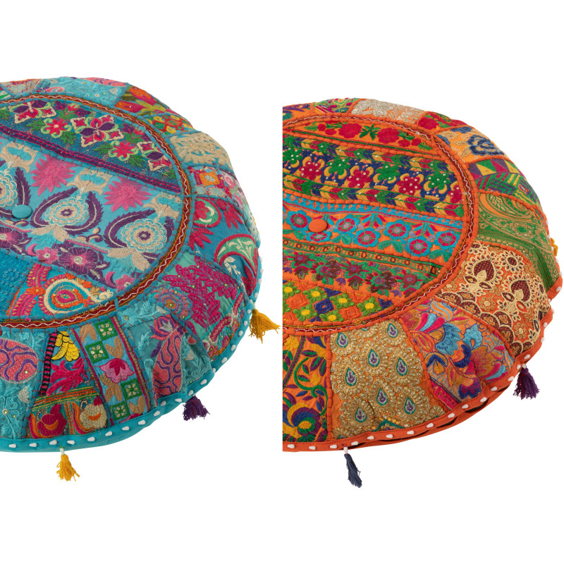 Coussin de sol Rond en Coton Orange Bleu Motif patchwork Avec pompons Manuel Lot de 2 - 2