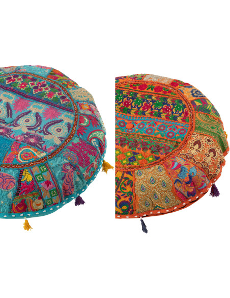 Coussin de sol Rond en Coton Orange Bleu Motif patchwork Avec pompons Manuel Lot de 2 - 2