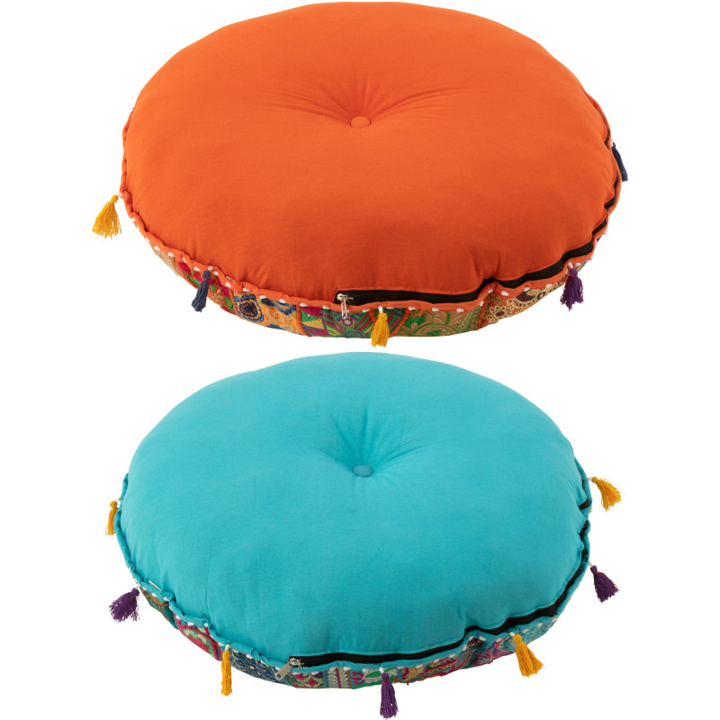 Coussin de sol Rond en Coton Orange Bleu Motif patchwork Avec pompons Manuel Lot de 2 - 3