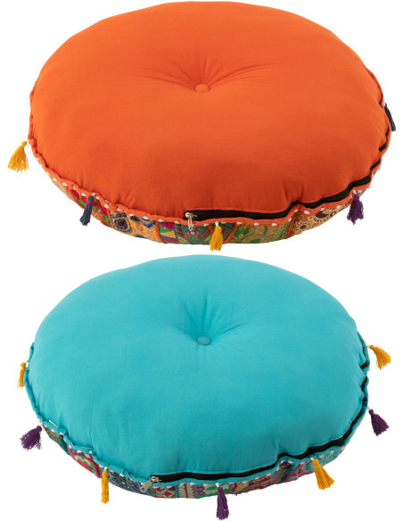 Coussin de sol Rond en Coton Orange Bleu Motif patchwork Avec pompons Manuel Lot de 2 - 3