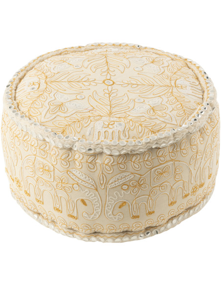 Pouf Rond en Coton Blanc Doré Motif éléphants Emre - 1