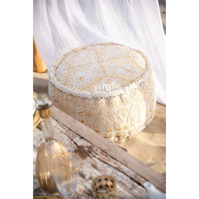 Pouf Rond en Coton Blanc Doré Motif éléphants Emre - 2