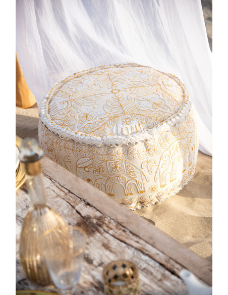 Pouf Rond en Coton Blanc Doré Motif éléphants Emre - 2