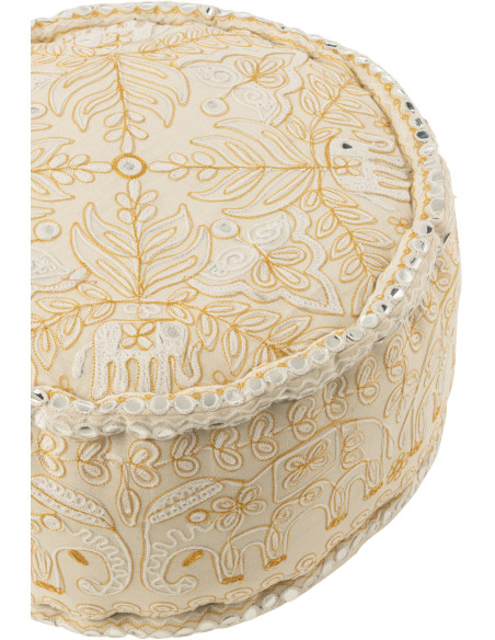 Pouf Rond en Coton Blanc Doré Motif éléphants Emre - 3