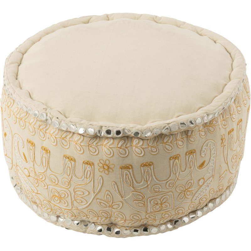 Pouf Rond en Coton Blanc Doré Motif éléphants Emre - 4