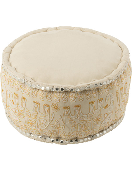 Pouf Rond en Coton Blanc Doré Motif éléphants Emre - 4