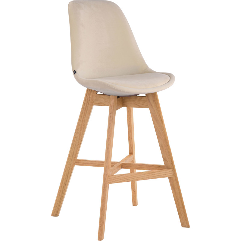 Tabouret de bar scandinave en Velours Blanc crème Bois de chêne Naturel Brelon  - 1