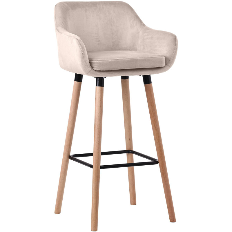 Tabouret de bar scandinave en Velours Blanc crème Bois de hêtre Naturel Norvyn - 1
