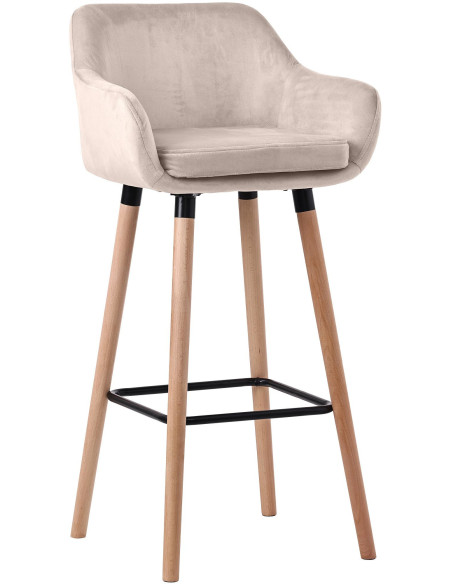 Tabouret de bar scandinave en Velours Blanc crème Bois de hêtre Naturel Norvyn - 1