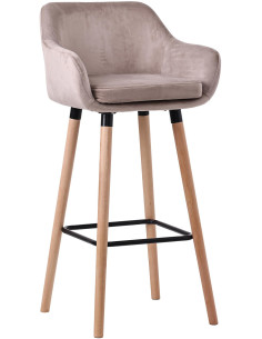 Tabouret de bar scandinave en Velours Gris clair Bois de hêtre Naturel Norvyn - 1