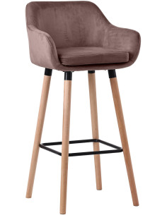 Tabouret de bar scandinave en Velours Marron café Bois de hêtre Naturel Norvyn - 1
