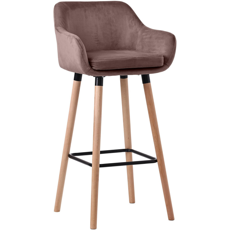 Tabouret de bar scandinave en Velours Marron café Bois de hêtre Naturel Norvyn - 1