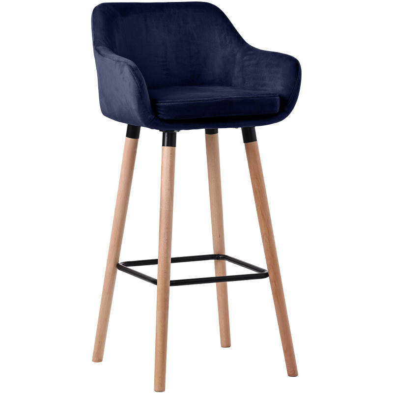 Tabouret de bar scandinave en Velours Bleu foncé Bois de hêtre Naturel Norvyn - 1