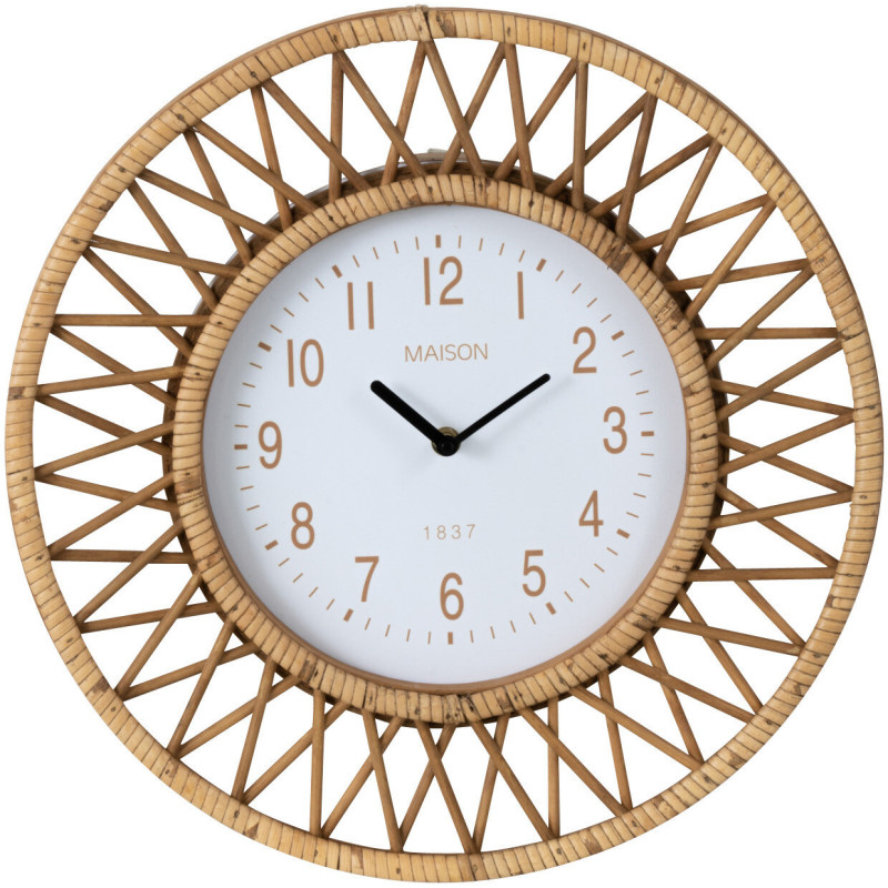 Horloge Murale Ronde Diamètre 40 cm en Rotin Naturel Bois Blanc Wonder - 1