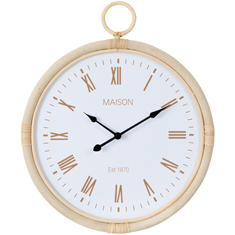 Horloge Murale Ronde Diamètre 40 cm en Rotin Naturel Bois Blanc Kyr - 1